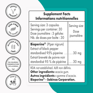 '- Bioperine 30Mg per Day (95% Piperine) - Black Pepper Extract - Curcumin & Nutrients Absorption Enhancer - Digestive Enzymes Support | Non-Gmo & Gluten Free - 90 Vegetarian Capsules