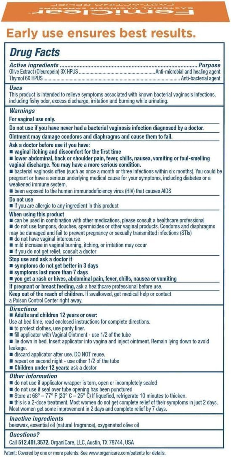 Femiclear (BV Symptoms - Vaginal Ointment for Fishy Odor, Excess Discharge, Itching & Discomfort Due to Bacterial Vaginosis, All-Natural and Organic Ingredients, 2-Day Dose 