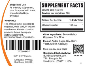 Bulksupplements.Com 5-HTP Capsules - 5-Hydroxytryptophan, 5 HTP Supplement - Amino Acid Supplement, 5-HTP 100Mg - Gluten Free, 1 Capsule per Serving, 120 Capsules (Pack of 1)