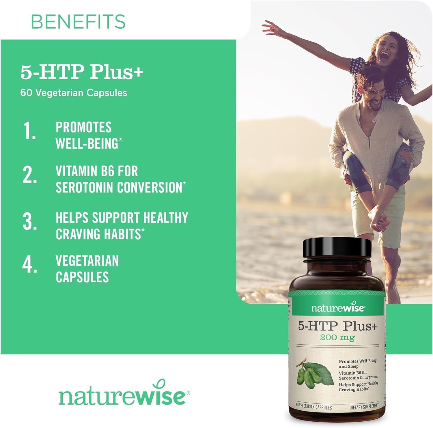 Naturewise 5-HTP 200Mg Mood Support, Natural Sleep Aid Helps Promote Healthy Eating Habits, Easy-To-Digest Delayed Release Capsules Enhanced W/ Vitamin B6, Non-Gmo (2 Month Supply - 60 Count)