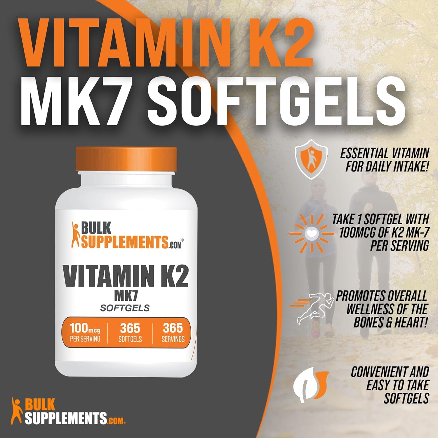 .Com Vitamin K2 Softgels - Vitamin K2 MK7, Vitamin K2 Supplement, Vitamin K2 100 Mcg - MK7 Vitamin K2 for Bones, Gluten Free - 1 Softgel per Serving, 365 Softgels