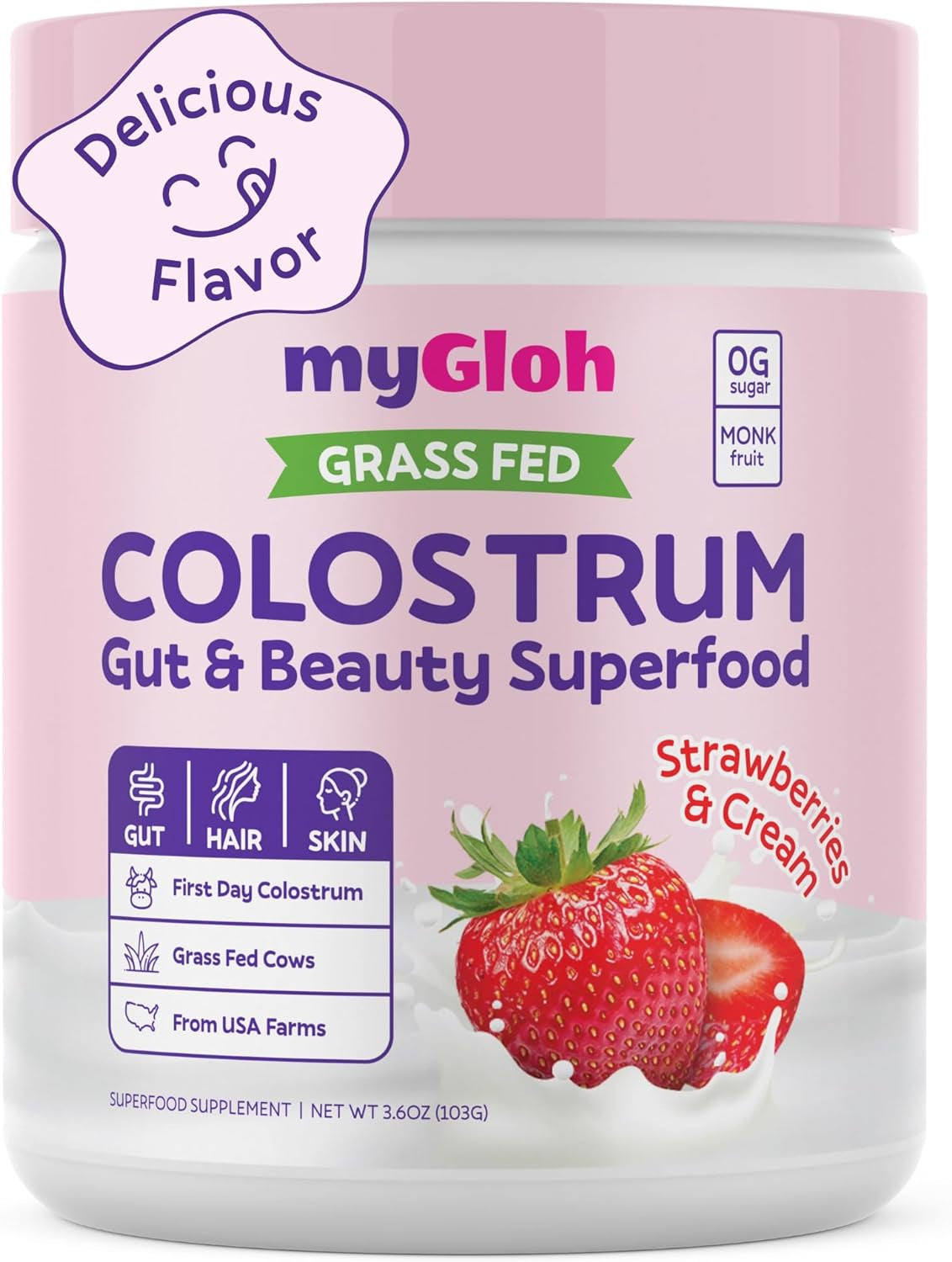 Colostrum Powder Premium | Gut Health & Bloating, Hair Growth & Skin Glow, Immunity | Natural Flavor Strawberries & Cream | Grass-Fed Bovine Colostrum Supplement | High Igg, Gluten Free, Bioactives