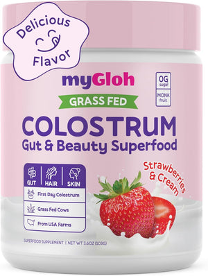 Colostrum Powder Premium | Gut Health & Bloating, Hair Growth & Skin Glow, Immunity | Natural Flavor Strawberries & Cream | Grass-Fed Bovine Colostrum Supplement | High Igg, Gluten Free, Bioactives