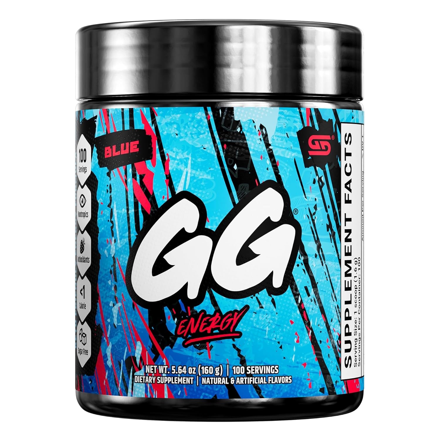 Gamer Supps, GG Energy Blue (100 Servings) - Keto Friendly Gaming Energy and Nootropic Blend, Sugar Free + Organic Caffeine + Vitamins + Immune Support, Powder Energy Drink