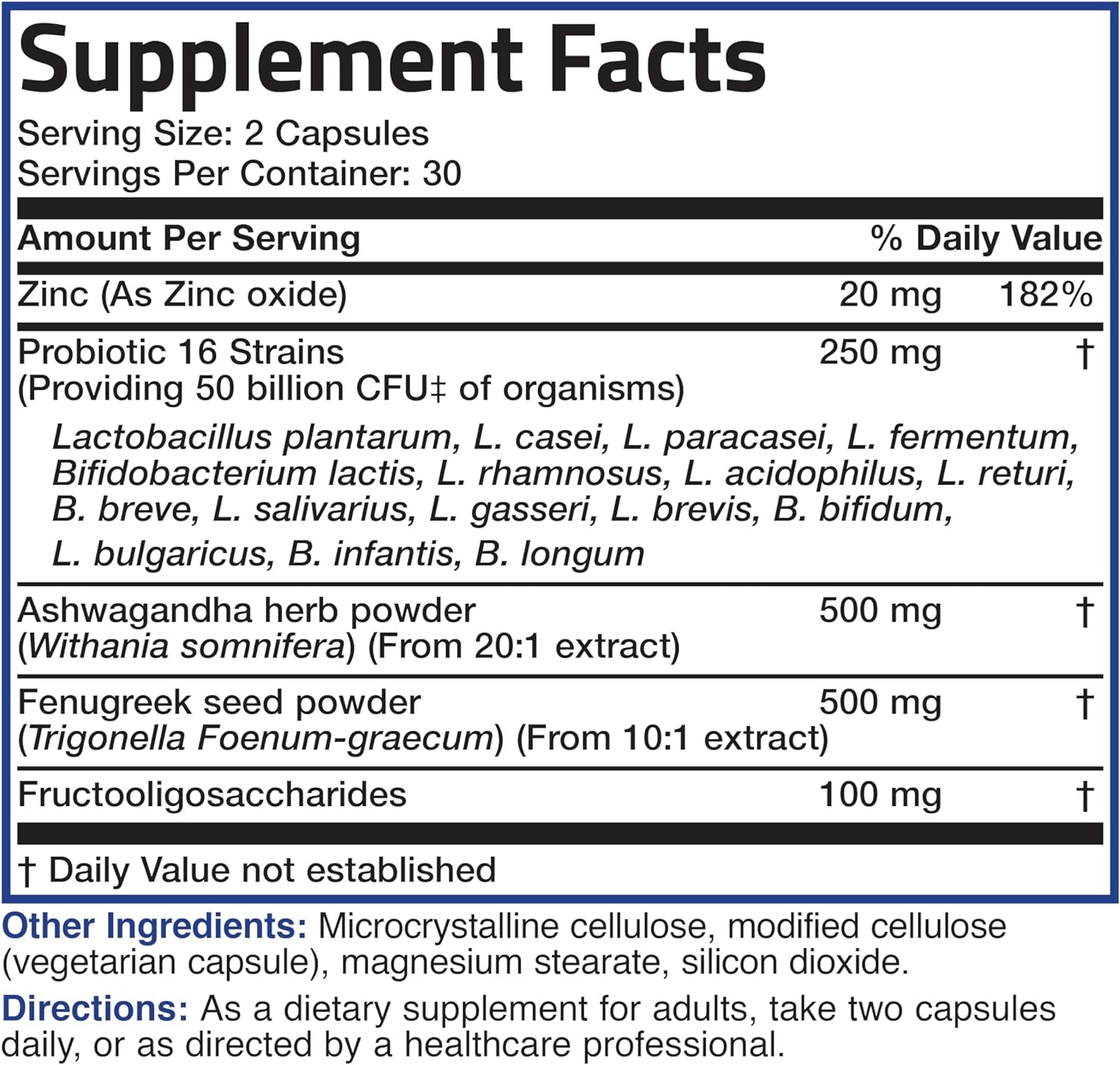 Men'S Probiotic 50 Billion CFU plus Prebiotic with Ashwagandha, Fenugreek & Zinc, Supports Healthy Digestion & Immune Function Non-Gmo, 60 Vegetarian Capsules