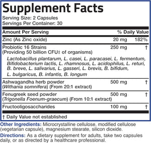 Men'S Probiotic 50 Billion CFU plus Prebiotic with Ashwagandha, Fenugreek & Zinc, Supports Healthy Digestion & Immune Function Non-Gmo, 60 Vegetarian Capsules
