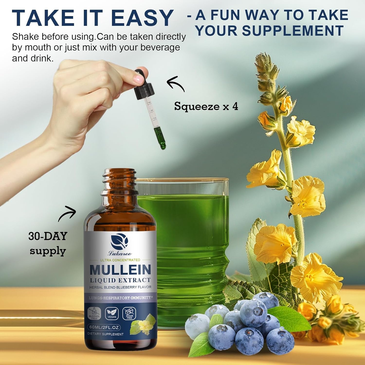 Mullein Drops for Lungs, Lung Detox & Cleanse, 720,000‬Mg Mullein Leaf Extract Tincture with Chlorophyll, Elderberry, Etc, Vegan Herbal Supplement for Immune Respiratory, Blueberry Flavor