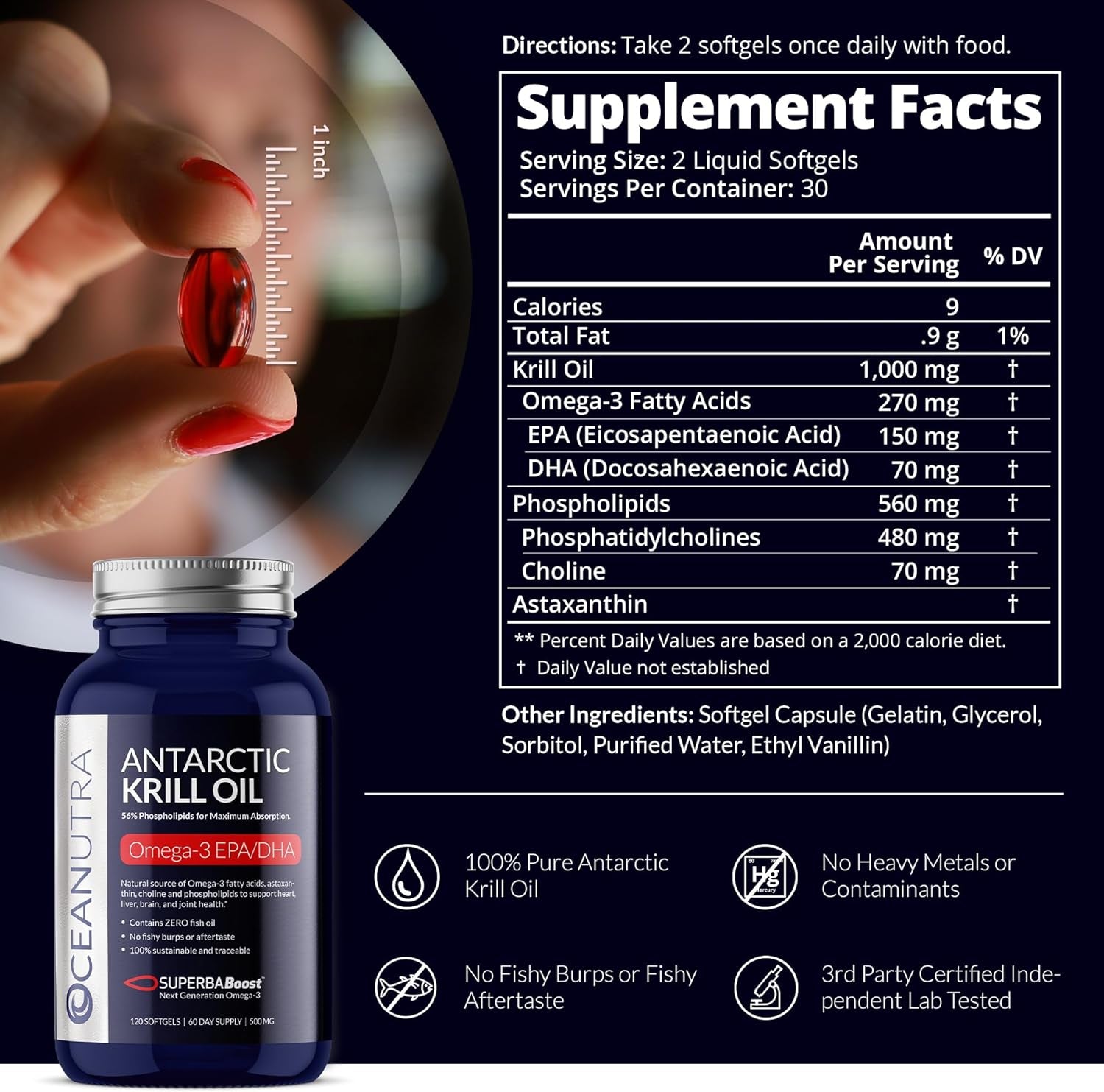 Wild Caught Antarctic Krill Oil 500Mg Softgels, Superbaboost Omega 3 Supplement, EPA & DHA, Astaxanthin, Choline, 56% Phospholipids, Sustainable, No Fish Oil, Vanilla Flavor (60-Day Supply) 