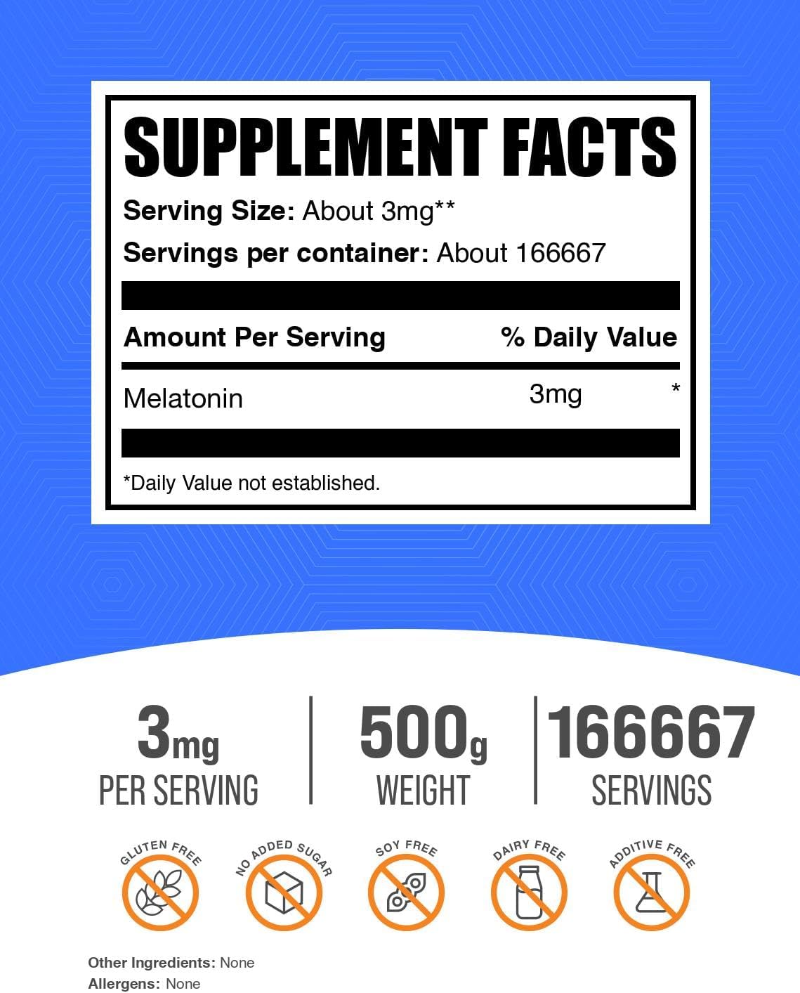 Bulksupplements.Com Melatonin Powder - Pure Melatonin, Sleep Aid for Adults - Vegan & Gluten Free, 3Mg per Serving, 500G (1.1 Lbs) (Pack of 1)