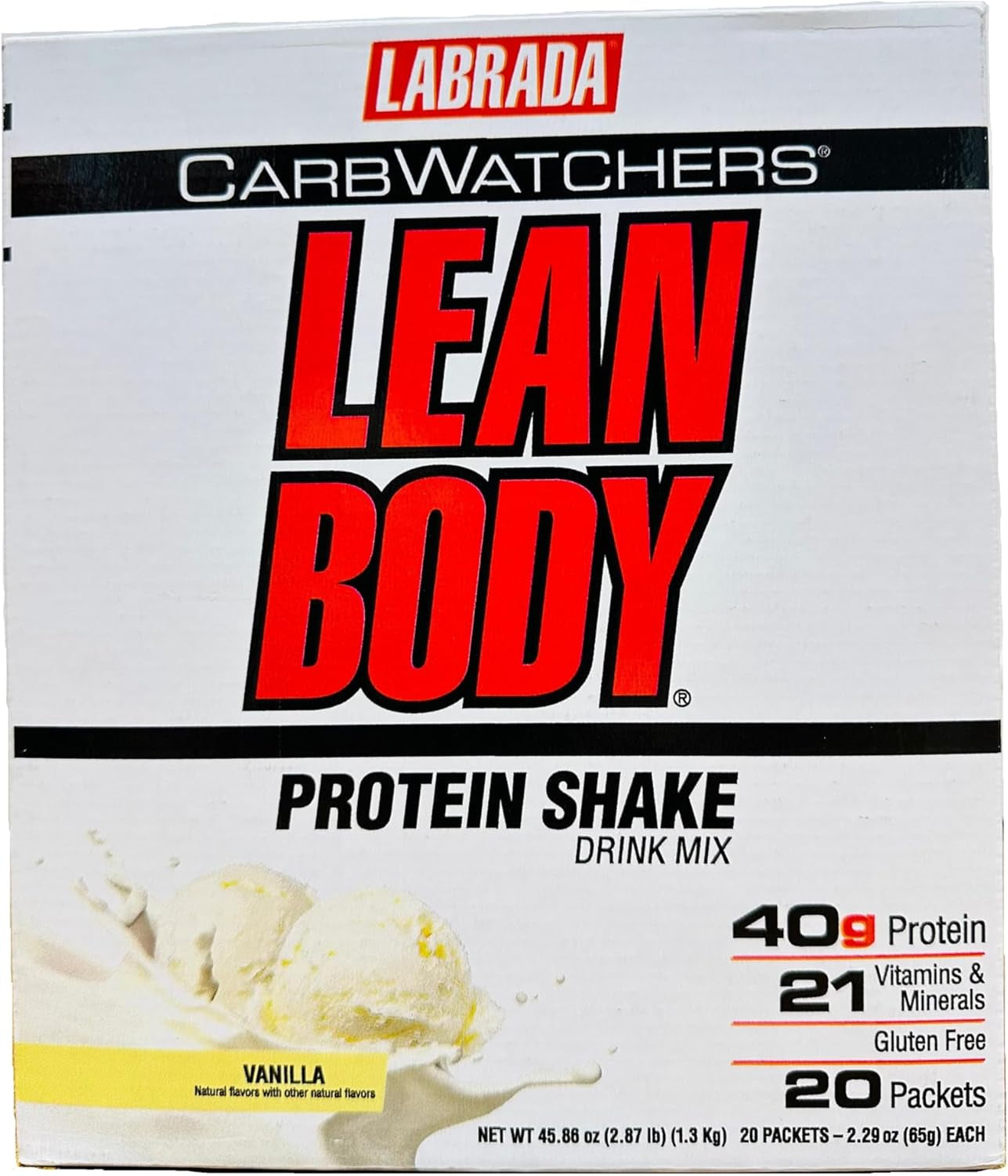 Lean Body Carb Watchers, All-In-One Vanilla Meal Replacement Shake. 40G Protein Whey Blend, 8G General Fats & Fiber, 22 Vitamins and Minerals , No Artificial Colors, Gluten Free,(20 Packets) 