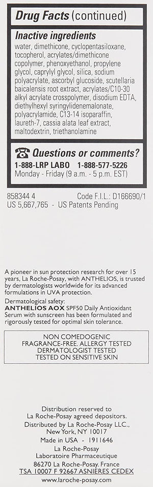 La Roche-Posay Anthelios AOX Daily Antioxidant Serum with SPF, Face Moisturizer with Sunscreen and Vitamin C & E, Oil Free Face Sunscreen for Sensitive Skin, Moisturizing Sun Protection