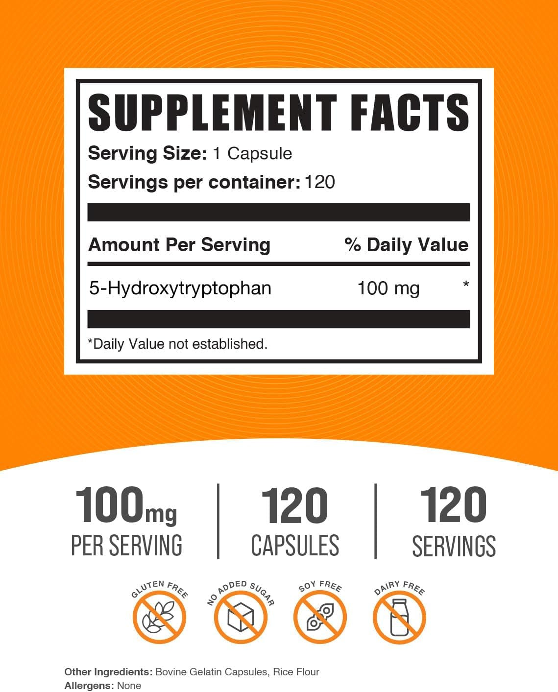 Bulksupplements.Com 5-HTP Capsules - 5-Hydroxytryptophan, 5 HTP Supplement - Amino Acid Supplement, 5-HTP 100Mg - Gluten Free, 1 Capsule per Serving, 120 Capsules (Pack of 1)