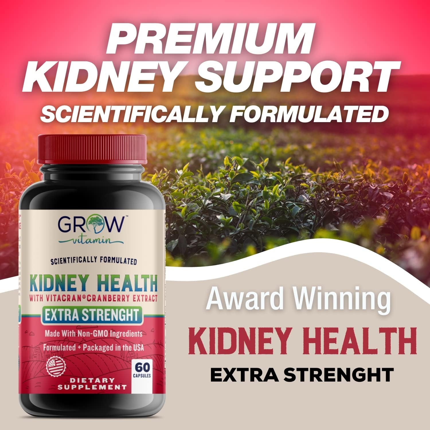 Grow Vitamin Premium Kidney Cleanse Supplement – Powerful Kidney Support Formula with Cranberry Extract Helps Support Healthy Kidneys & Urinary Tract Support– 60 Vegetarian Capsules