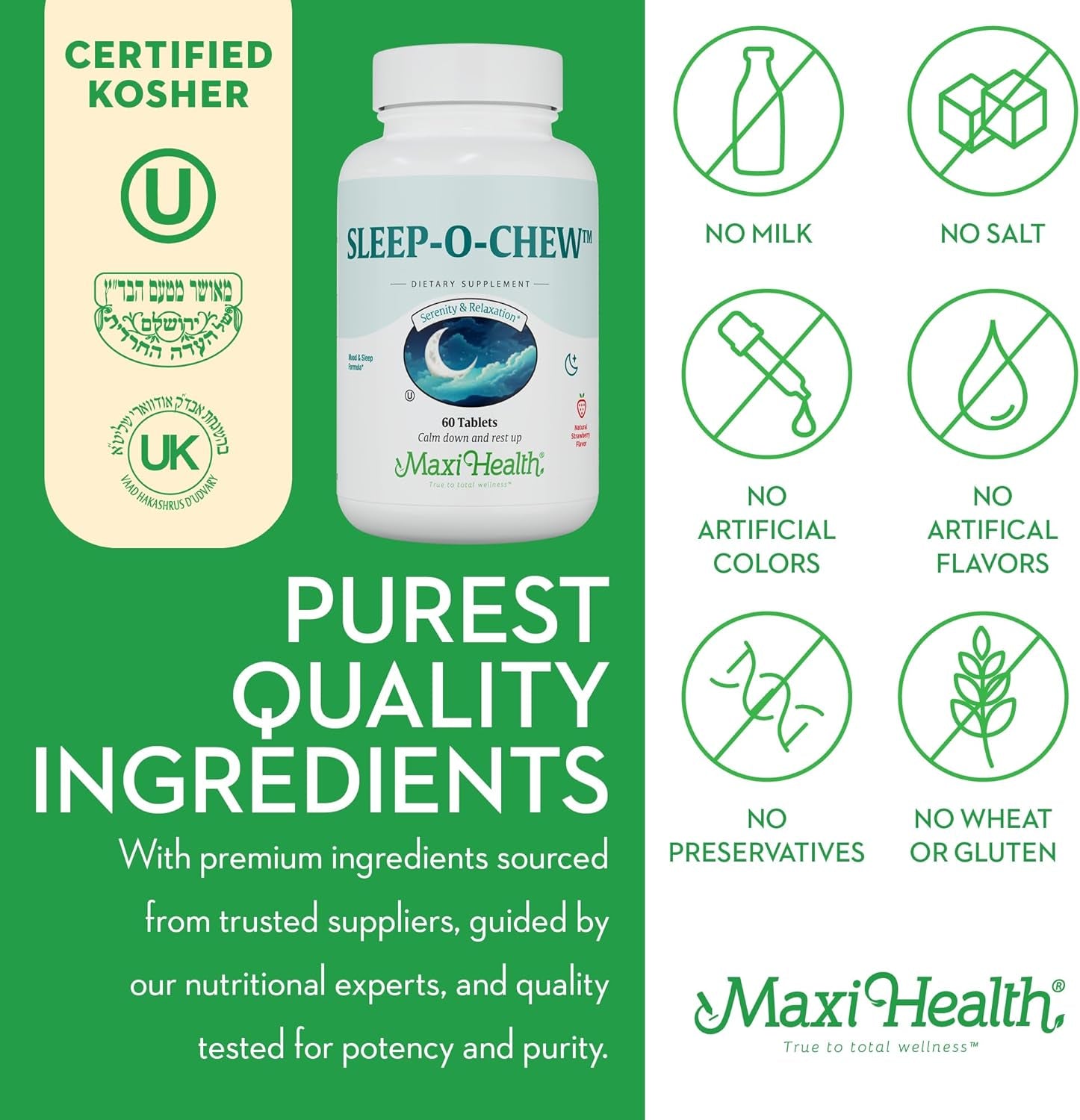 Maxi Health Sleep-O-Chew Strawberry Chewable Tablets with Magnesium, Inositol, L-Tryptophan, 3Mg Melatonin for Sleep Support - Non Habit Forming Sleep Aid for Adults, Kosher Sleep Supplement, 60 Count