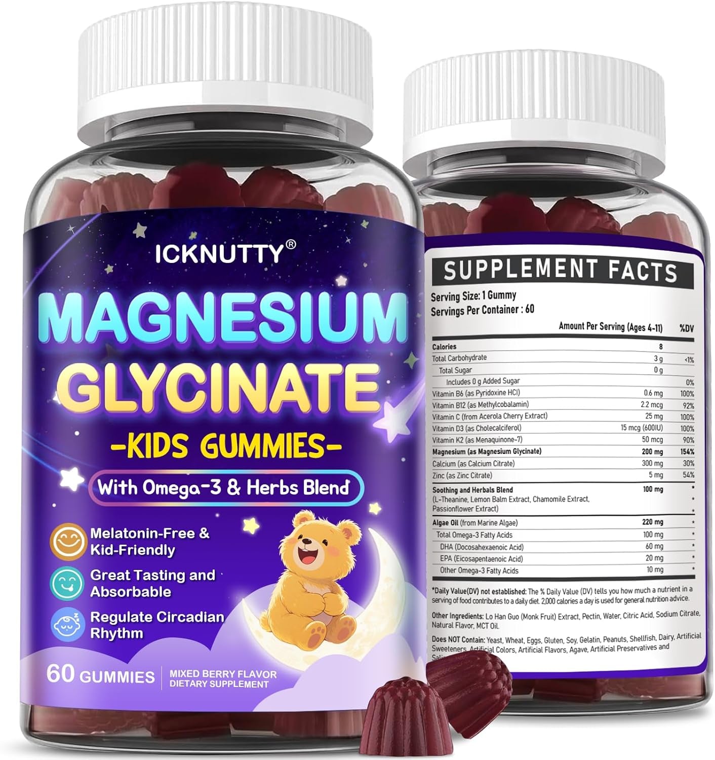 Magnesium Glycinate Gummies for Kids - with L-Theanine, Vitamin B6, D3 for Kids Natural Zzz - Melatonin Free Gummies - Sugar Free, Mixed Berry Flavor 