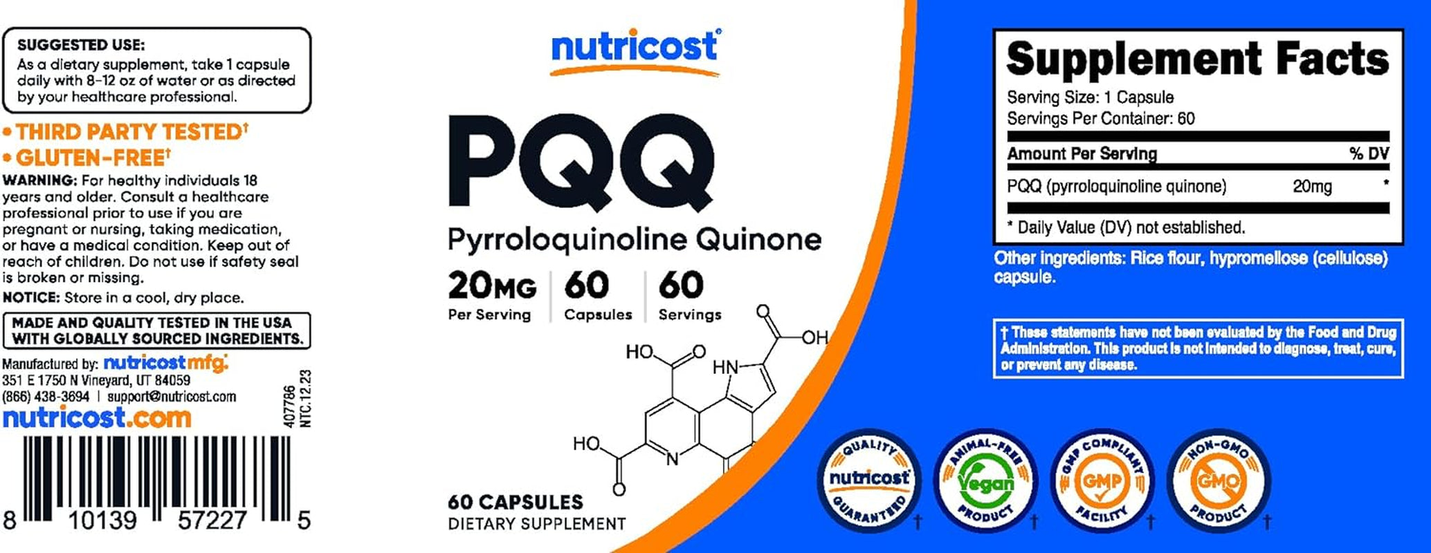 Nutricost PQQ (Pyrroloquinoline Quinone) 20Mg, 60 Capsules (2 Bottles) - Veggie Capsules, Non-Gmo, Gluten Free