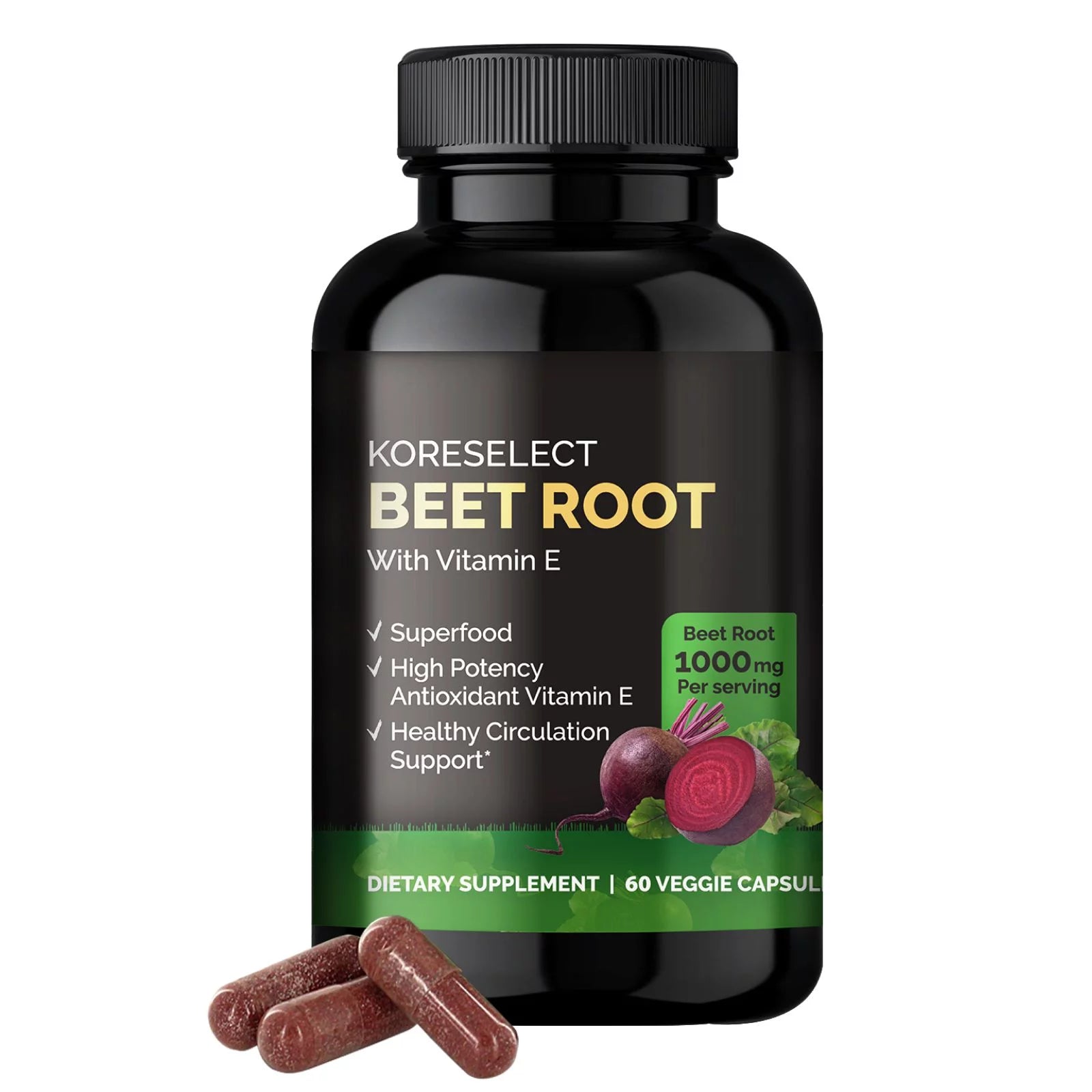 KORESELECT Beet Root Capsules with Vitamin E - Nitric Oxide Supplement Booster for Blood Circulation, Antioxidants Immune Support, Natural Athletic Performance, Wellness Formula - Vegan 60 Caps 