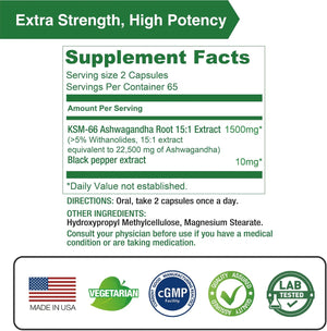 KSM-66 Ashwagandha | Highly Concentrated 22,500Mg Equivalent | 5% Withanolide | 95% Black Pepper Piperine | Stress Relief & Energy Support | Vegan, Gluten Free | 130 Capsules