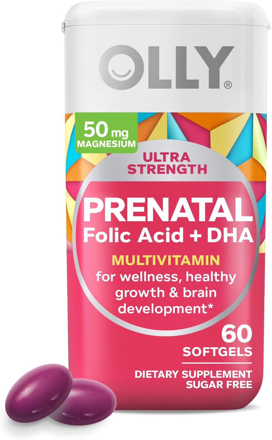 OLLY Ultra Strength Prenatal Multivitamin Softgels with Brain Development Support + Colace Clear Stool Softener Capsules, 28 Count