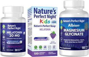 Nature'S Perfect Night Bundle | Melatonin 20Mg | Kids Melatonin 1Mg | Magnesium Glycinate | 180 Count | 100 Count | 180 Count | Sugar Free | Gluten Free | Non-Gmo | Vegan 