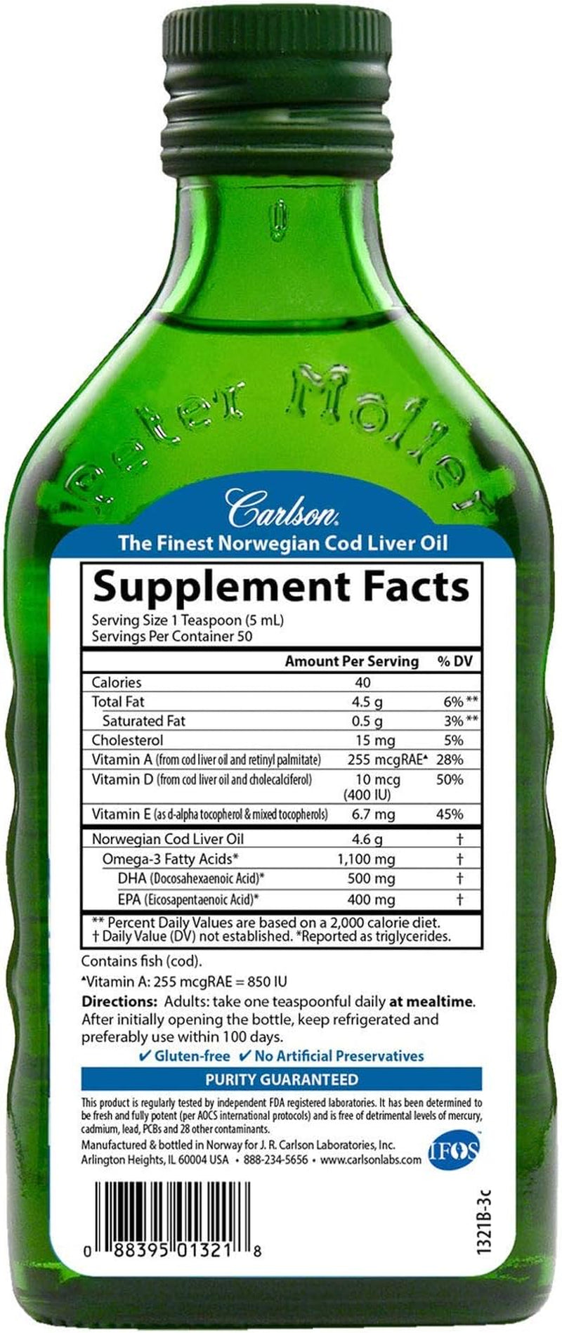 Carlson Cod Liver Oil, Norwegian, Natural, 1,100 Mg Omega-3S, 250 Ml