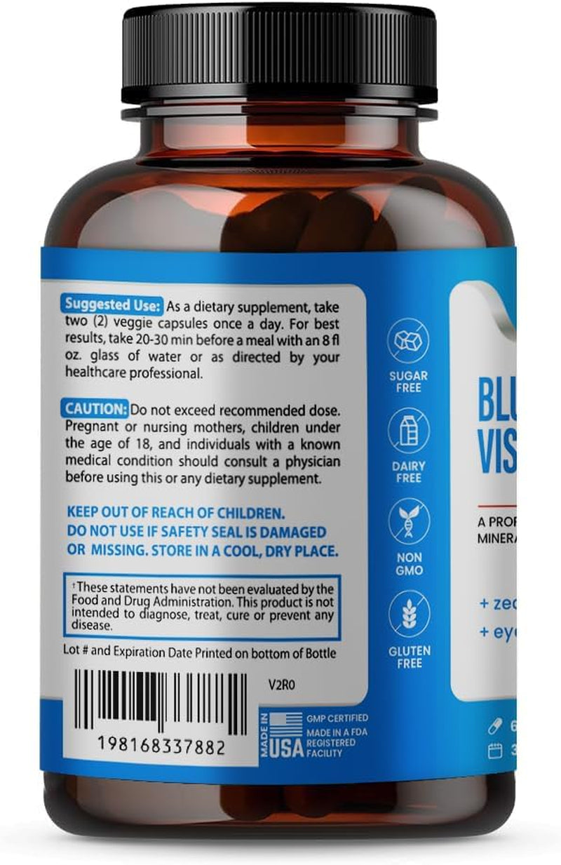Blue Bliss Vision Support - Eye Vitamins with Lutein, Bilberry and Zeaxanthin - Vitamin Supplement for Macular Degeneration Support, Vision Health and Preservation for Adults Seniors 60 Capsules 