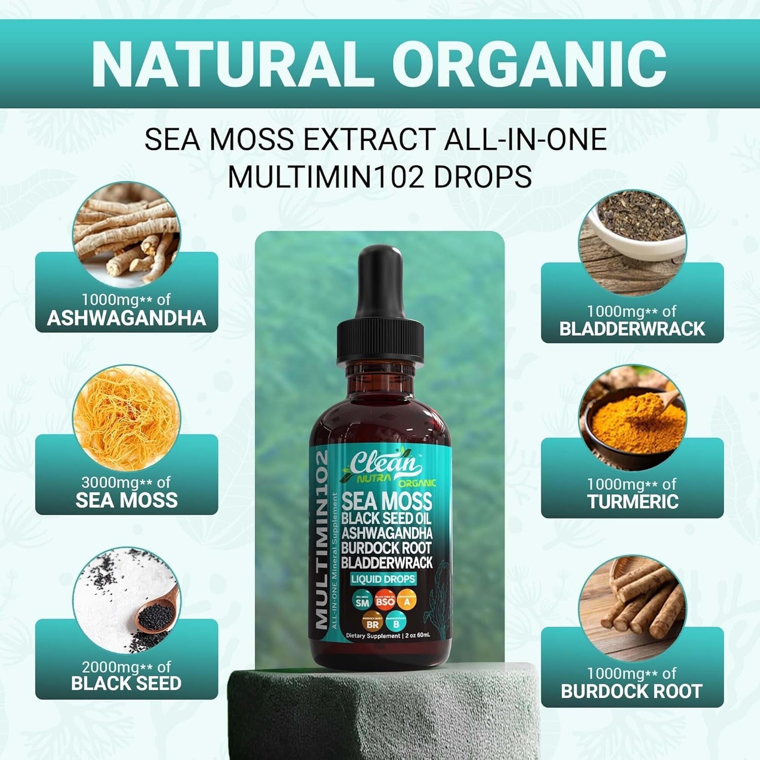 Clean Nutraceuticals Sea Moss Liquid Drops Supplement with Black Seed Oil Ashwagandha Burdock Root & Bladderwrack - Multimineral Organic Non-Gmo Vegan for Gut Heath Skin Immune Support Hair