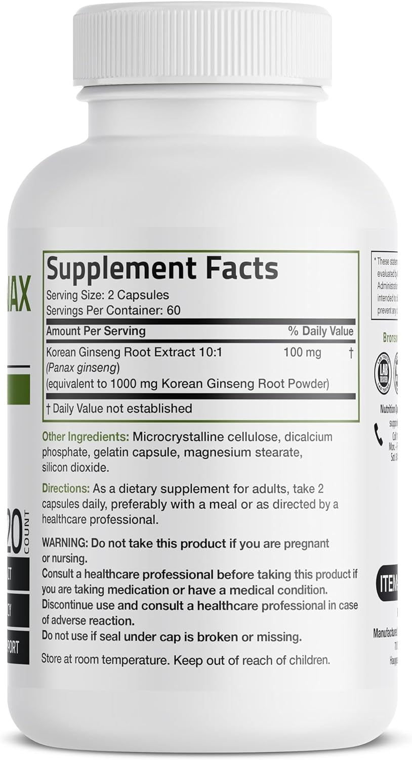 Bronson Korean Panax Ginseng Supports Energy, Endurance & Vitality + Memory and Mental Performance, 120 Capsules 