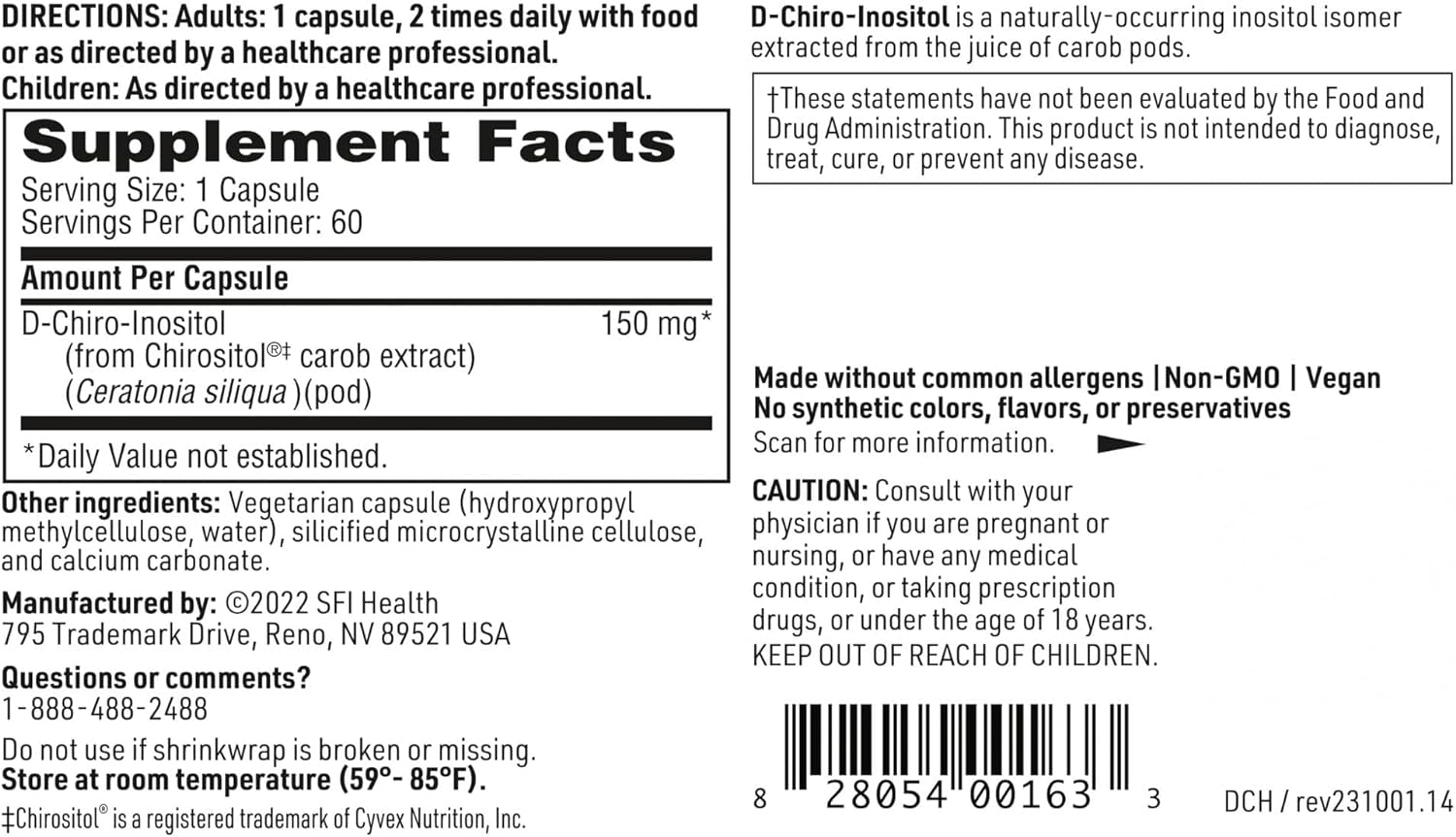 Klaire Labs D-Chiro-Inositol - 150 Milligrams Hypoallergenic Supplement (60 Capsules)