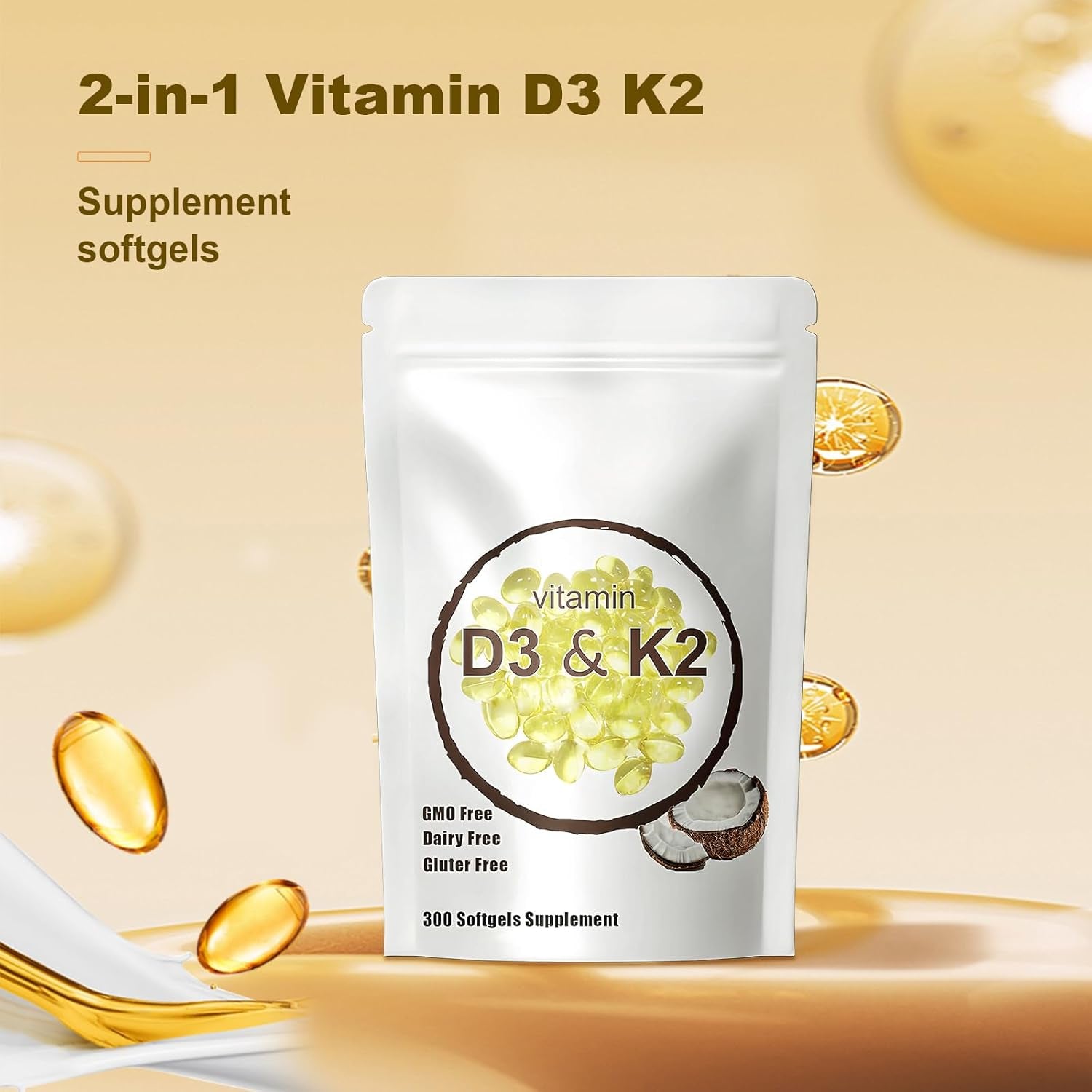 Vitamin D3 K2,K2 D3,Supplement Softgel,10000 IU VIT D3 + 200 MCG Vitamin K2,Microingredients Vitamin D3 K2,K2 D3 Vitamin Supplement,Micro Ingredients Vitamin D3 K2,300 Pcs., Yellow 