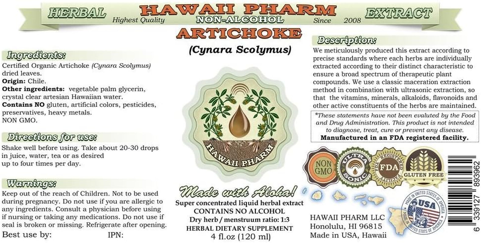 Hawaii Pharm Artichoke Alcohol-Free Liquid Extract, Organic Artichoke (Cynara Scolymus) Dried Leaf Glycerite Natural Herbal Supplement 2X32 Oz Unfiltered