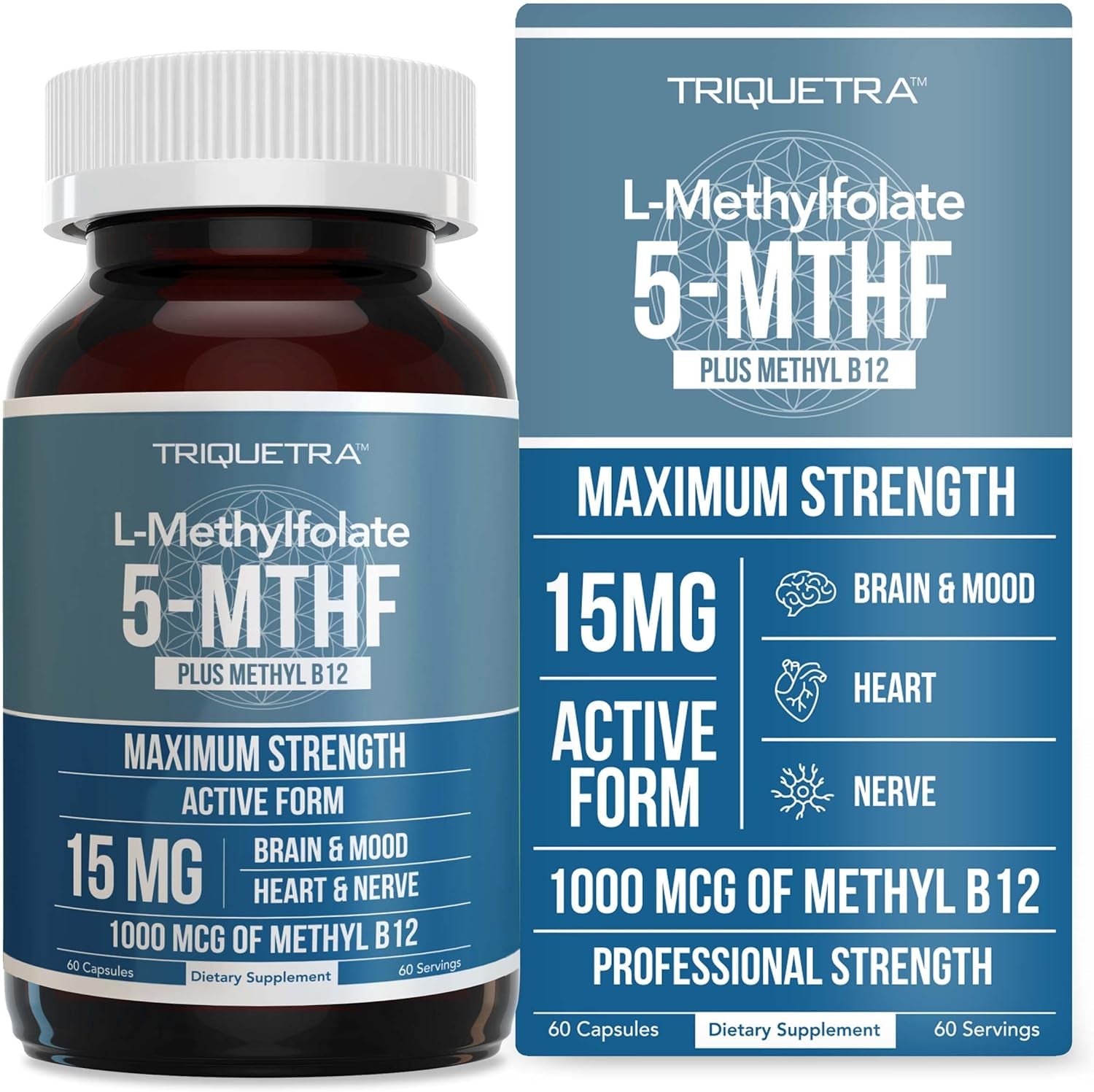 L Methyl Folate 15Mg plus Methyl B12 Cofactor - Professional Strength, Active 5-MTHF Form - Supports Mood, Methylation, Cognition – Bioactive Forms of Vitamin B9 & B12 (60 Capsules)