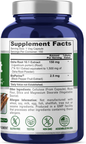 Nusapure OSHA Root Extract 1500 Mg per Vegan Caps - 150 Count (10:1 Extract, Non-Gmo, Gluten Free, Bioperine) Ligusticum Porteri