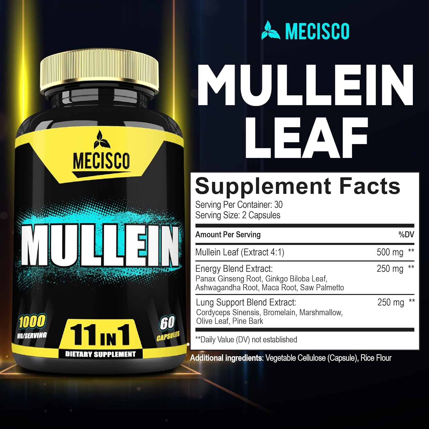 210 Capsules - 11In1 Mullein Leaf Capsules with Panax Ginseng Root, Cordyceps Sinensis & More - Support Respiratory Health, Immune System, Energy Production & Comfortable Mind 