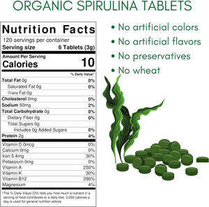 Organic Spirulina Supplement, 3000MG per Serving, Approx. 720 Tablets (4 Month Supply), Rich in Prebiotics & Proteins, Vegan, Superfood, Premium Spirulina Pills Organic
