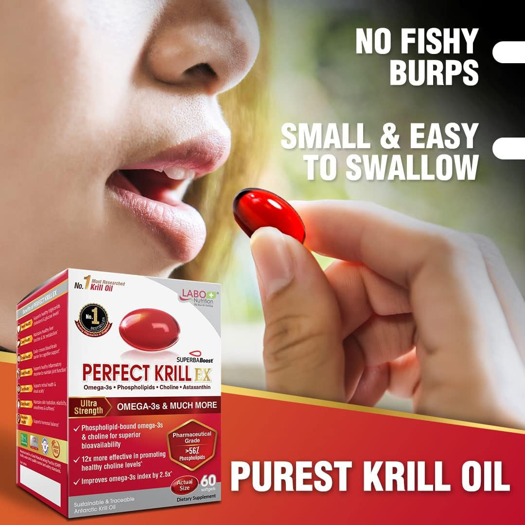LABO Nutrition Perfect Krill EX, the Purest Ultra Strength Antarctic Krill Oil, Highest Phospholipids (>56%) with Choline & Astaxanthin, Omega 3, Heart & Joint Support, 100% Made in USA, 2X 60Softgels