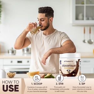 Vitamatic Bovine Colostrum Powder - Supplement for Gut Health, Hair Growth, Beauty, Muscle Recovery, & Immune Support - Easy to Mix - 30 Servings (Unflavored) (30 Servings, Chocolate) 