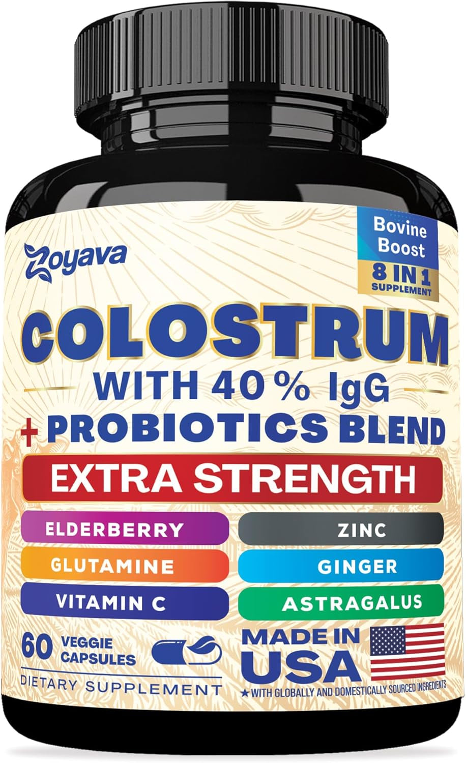 Bovine Colostrum Supplement Capsules, Grass Fed Cow Colostrum with 40% Igg 500MG, Probiotics 50MG, Elderberry 2000MG, L-Glutamine 200MG, Astragalus 2000MG Vitamin C, Ginger, Zinc (60 Capsules)
