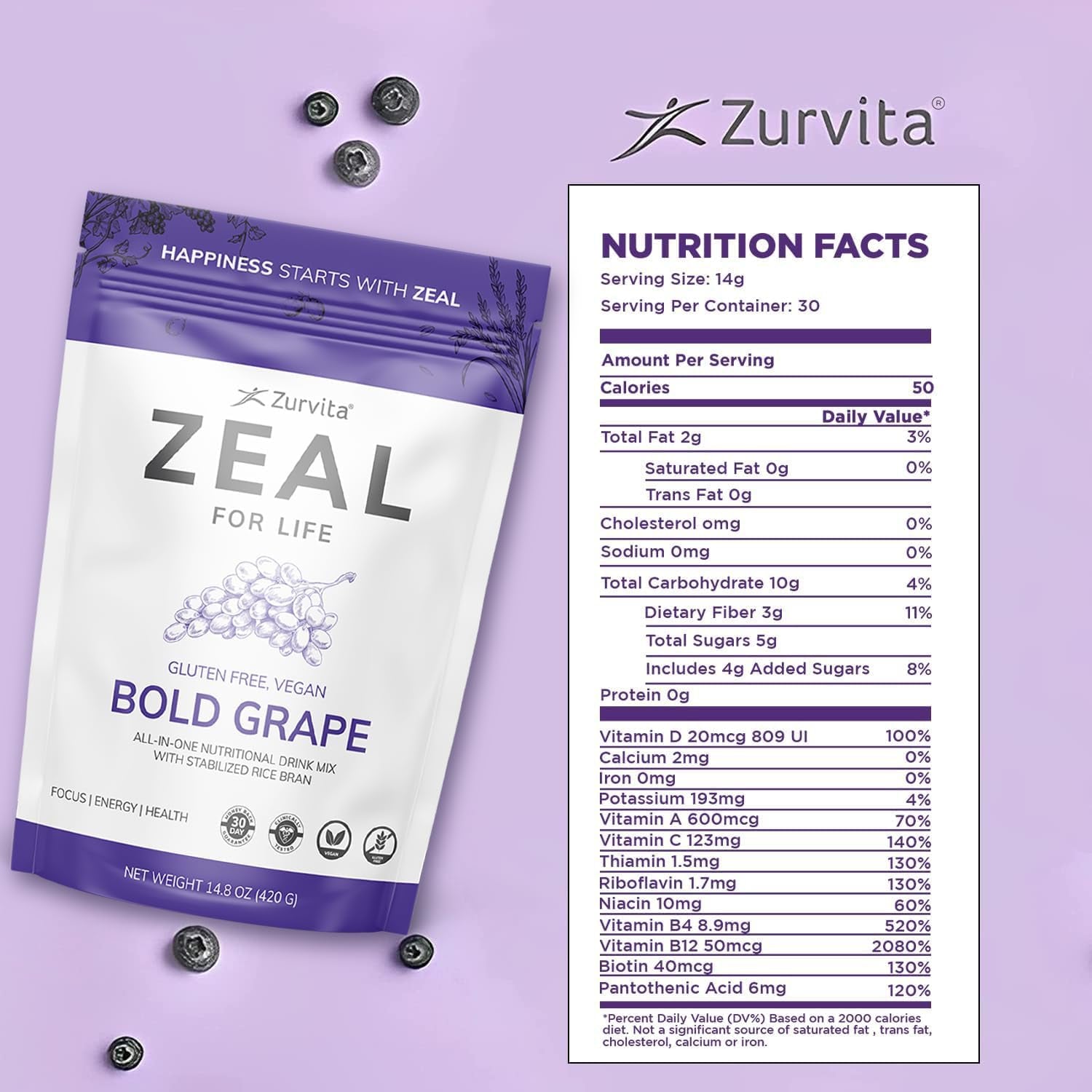 Zurvita Zeal for Life 30-Day Wellness Bag, 420 Grams, Wild Berry (Guarana Free)