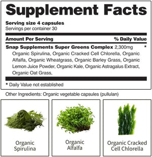 Snap Supplements USDA Organic Spirulina Chlorella Capsules - Green Superfoods for Natural Energy and Metabolic Health, 120 Capsules