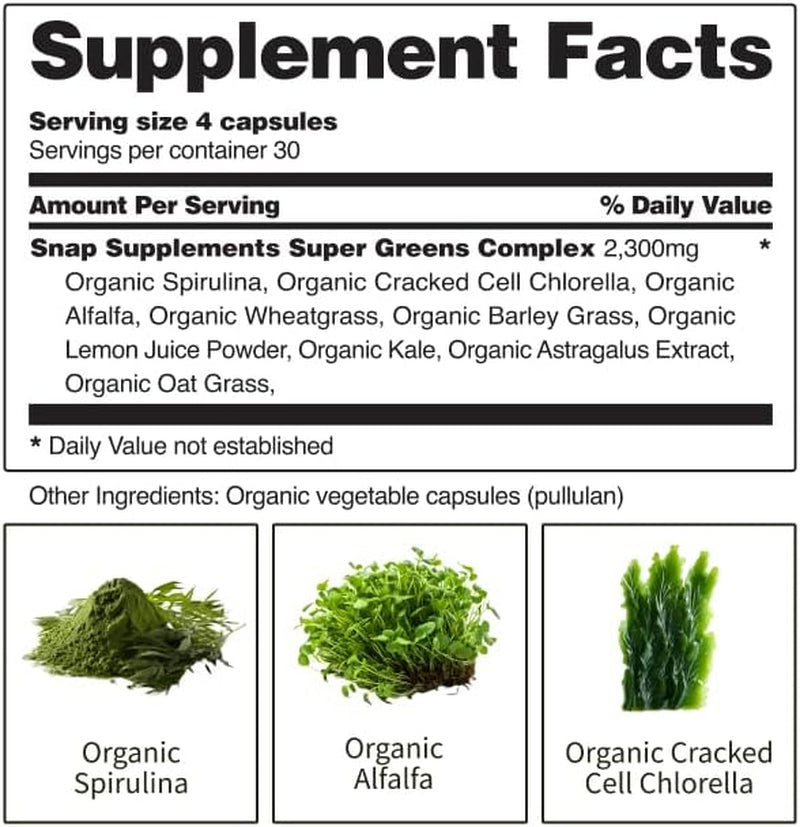 Snap Supplements USDA Organic Spirulina Chlorella Capsules - Green Superfoods for Natural Energy and Metabolic Health, 120 Capsules
