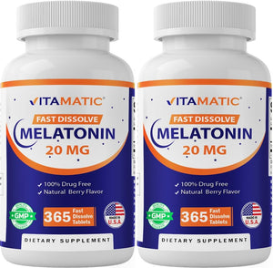 Vitamatic Melatonin 20 Mg Tablets | Vegetarian, Non-Gmo, Gluten Free | 1 Year Supply | Natural Berry Flavor - 365 Tablets - 2 Pack
