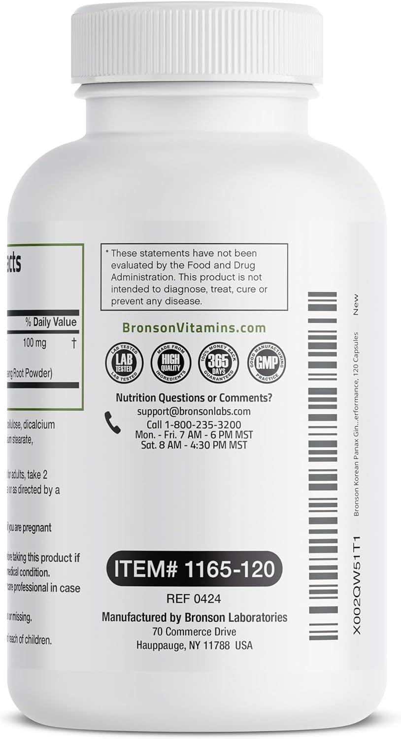 Bronson Korean Panax Ginseng Supports Energy, Endurance & Vitality + Memory and Mental Performance, 120 Capsules 