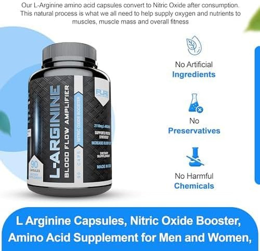 L Arginine Capsules, Nitric Oxide Booster, Amino Acid Supplement for Men and Women, Helps Build Muscle & Strength and Boost Energy, Blood Flow Support - 90 Caps