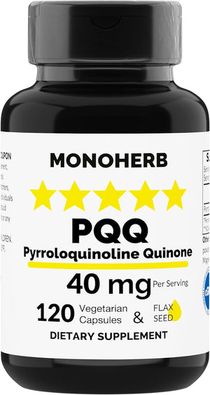 PQQ 40 Milligrams - PQQ Supplement, Pyrroloquinoline Quinone, 120 Capsules with Omega 3
