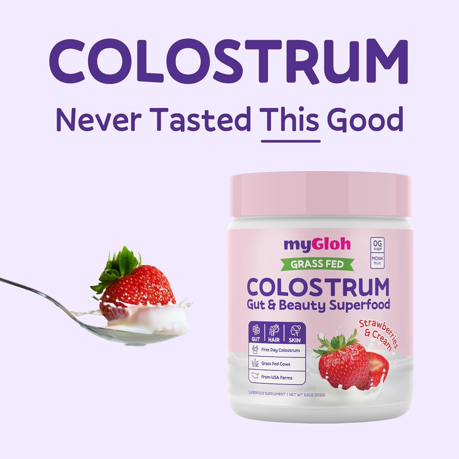 Colostrum Powder Premium | Gut Health & Bloating, Hair Growth & Skin Glow, Immunity | Natural Flavor Strawberries & Cream | Grass-Fed Bovine Colostrum Supplement | High Igg, Gluten Free, Bioactives