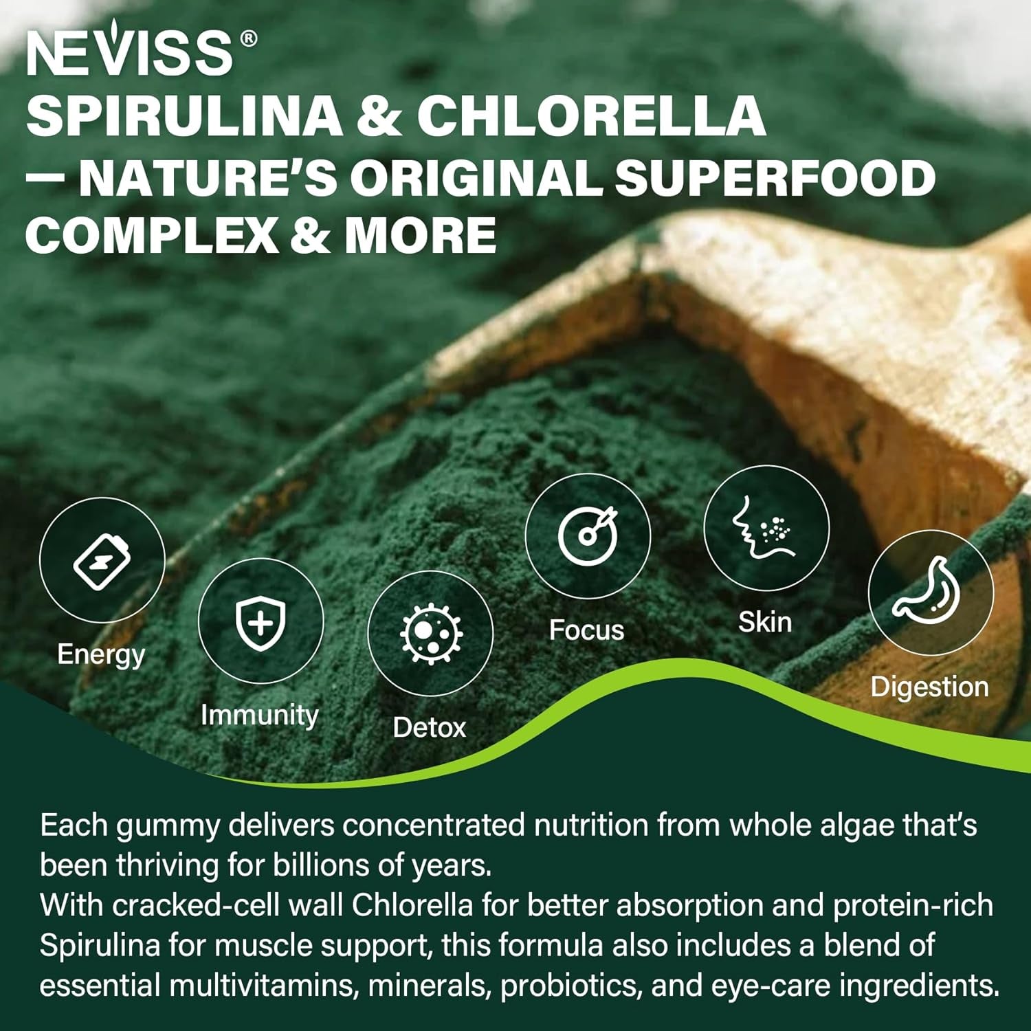 NEVISS Melatonin 60Mg, Organic Spirulina & Chlorella Gummies, 2 Pack