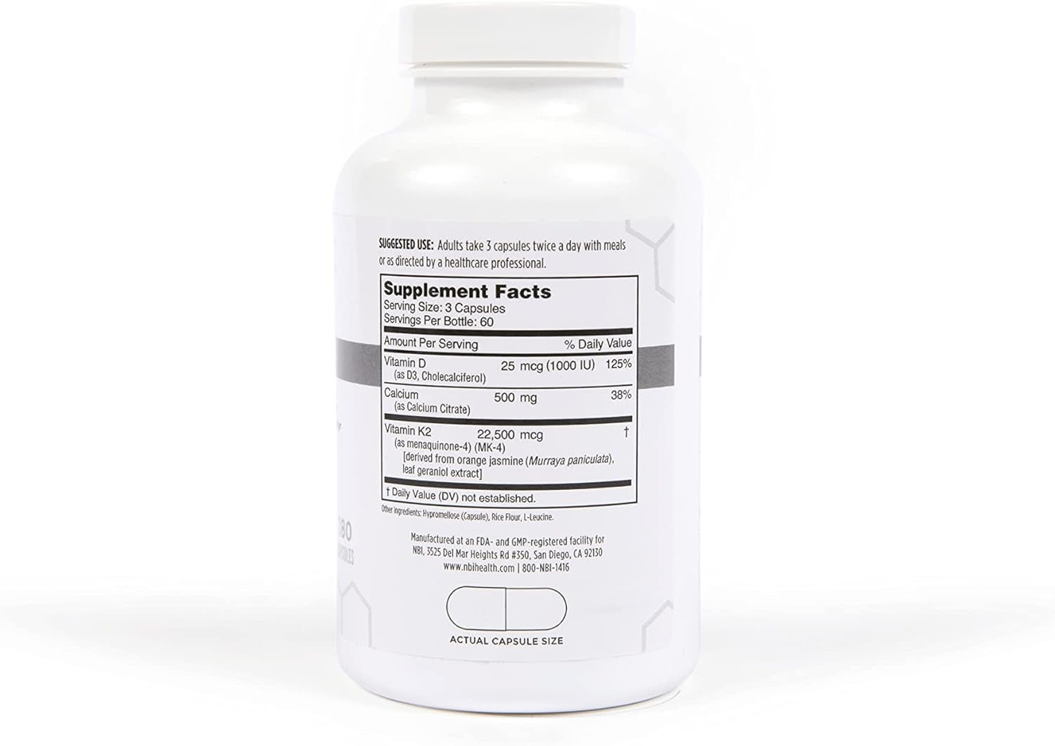NBI Osteo-K Bone Support | Vitamin D & K Complex with Calcium Citrate Supplement | 45Mg Vitamin K2 (MK4) for Strong Bone Health & Function | 180Ct Veggie Capsules