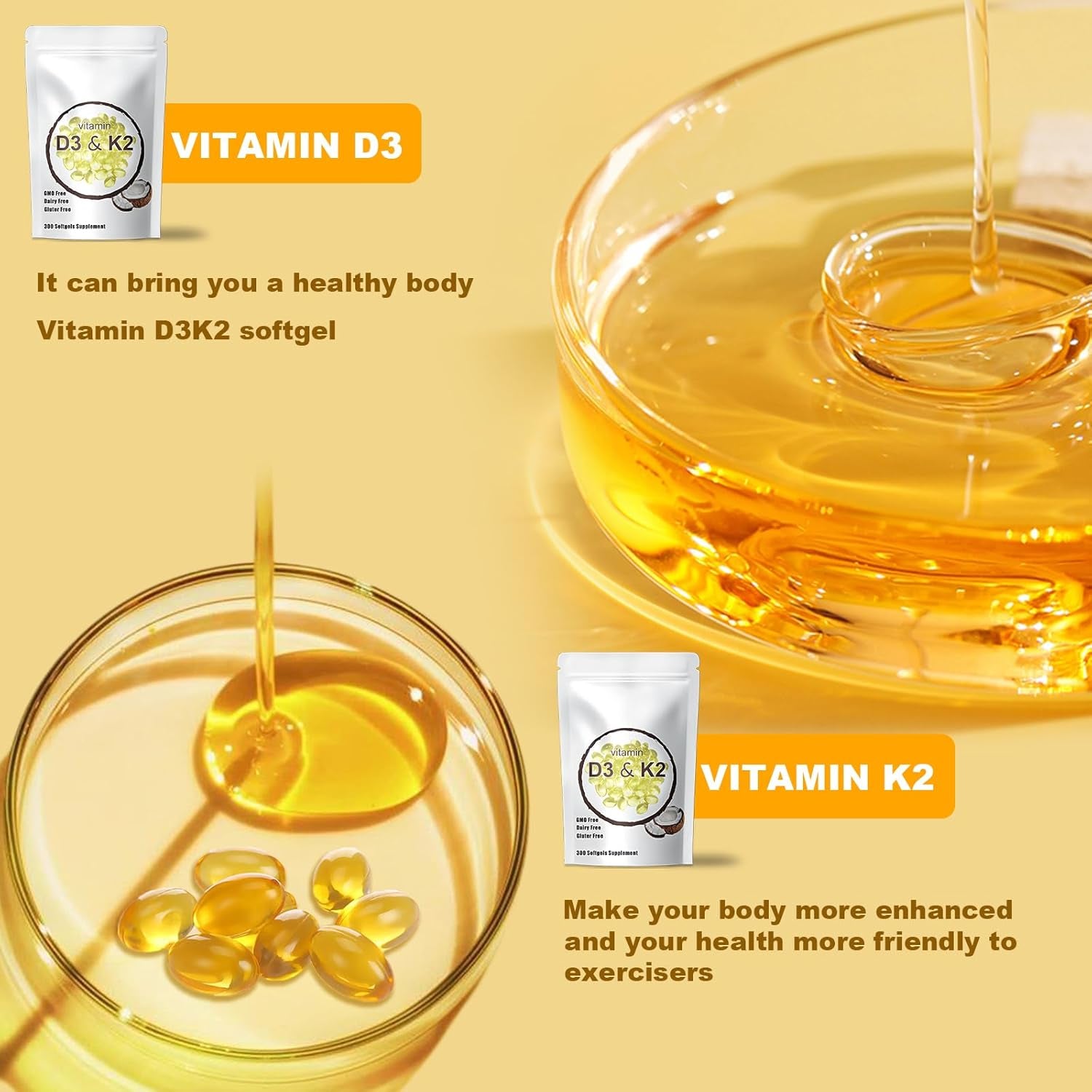 Vitamin D3 K2,K2 D3,Supplement Softgel,10000 IU VIT D3 + 200 MCG Vitamin K2,Microingredients Vitamin D3 K2,K2 D3 Vitamin Supplement,Micro Ingredients Vitamin D3 K2,300 Pcs., Yellow 