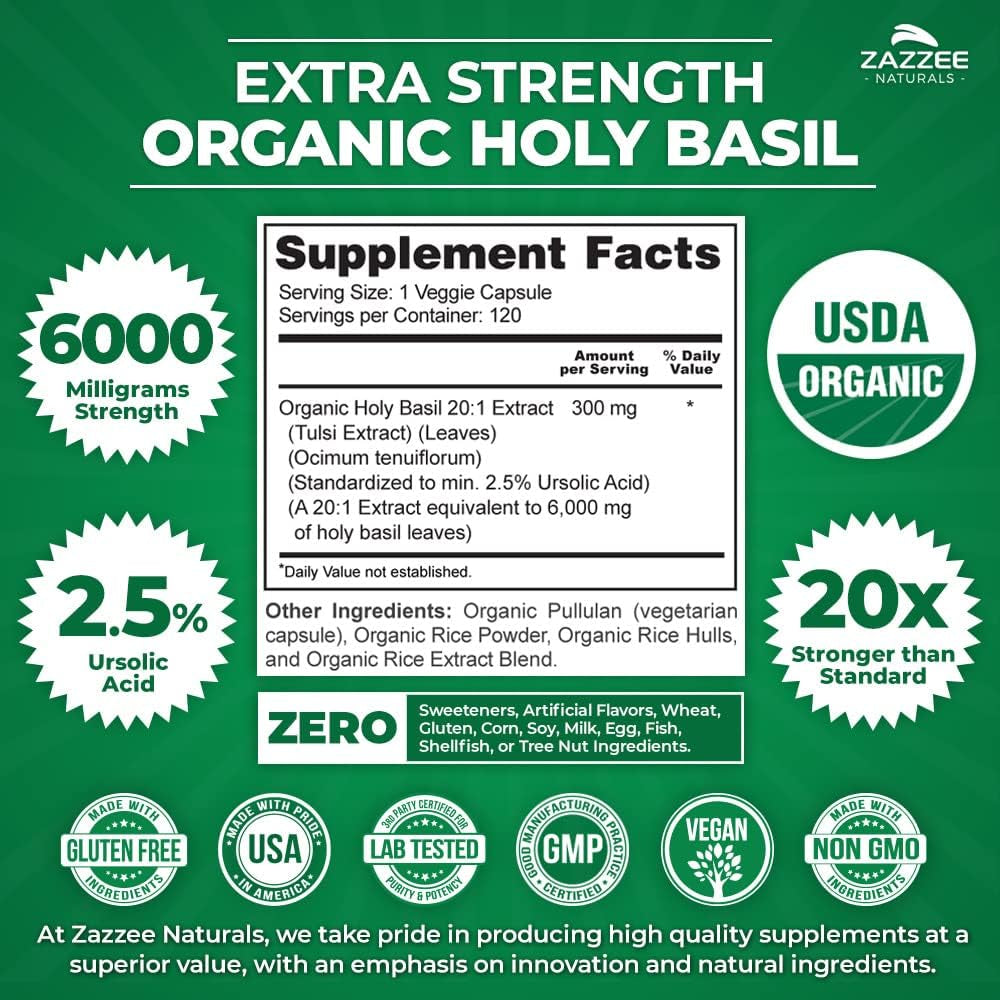 Zazzee USDA Organic Holy Basil 20:1 Extract, 6000 Mg Strength, 2.5% Ursolic Acid, 120 Vegan Capsules, 4 Month Supply, Concentrated and Standardized 20X Tulsi Extract, 100% Certified Organic, Non-Gmo 